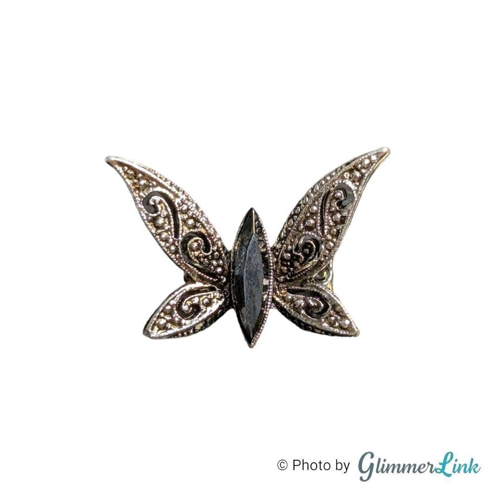 VTG Dainty Butterfly Faux Marcasite Black Rhinestone Silver Tone Brooch